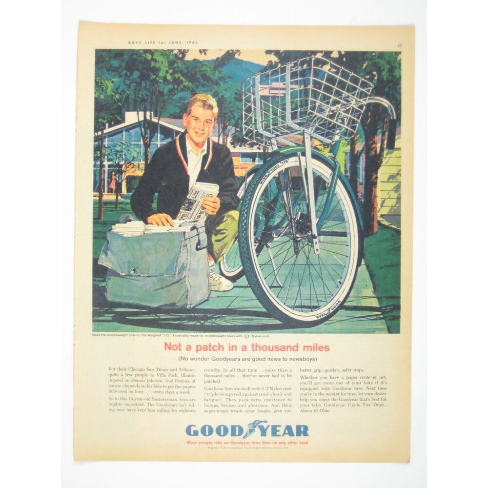 Goodyear Vintage 1963 Ad Not A Patch In A Thousand Miles Newsboy Bike Tires